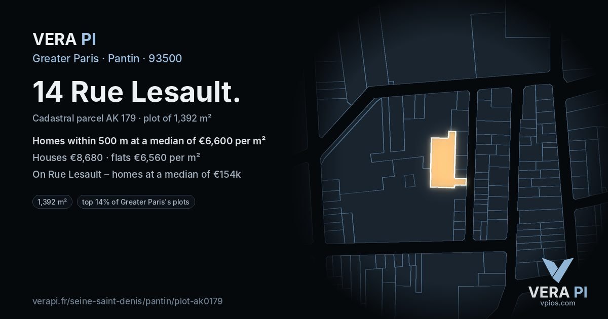 14 Rue Lesault, Pantin at night – the plot lit, the parcels around coloured by the prices near them
