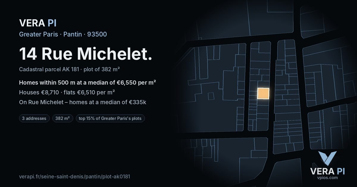 14 Rue Michelet, Pantin at night – the plot lit, the parcels around coloured by the prices near them