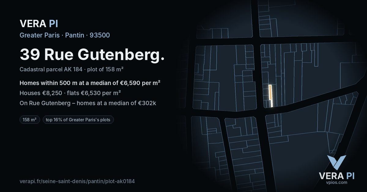 39 Rue Gutenberg, Pantin at night – the plot lit, the parcels around coloured by the prices near them