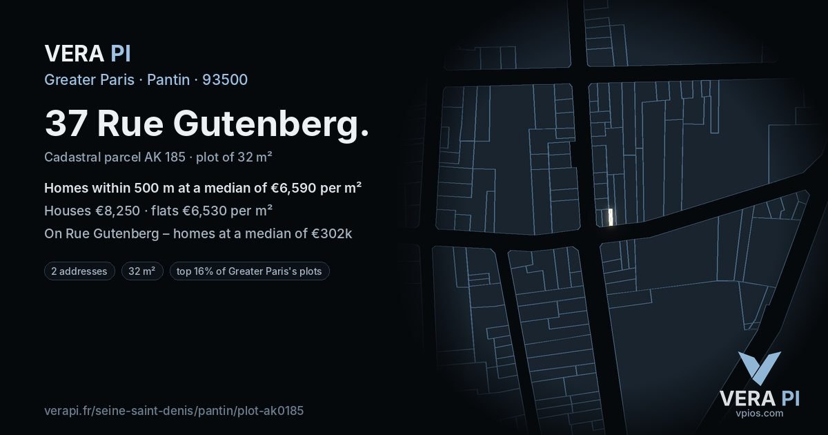 37 Rue Gutenberg, Pantin at night – the plot lit, the parcels around coloured by the prices near them