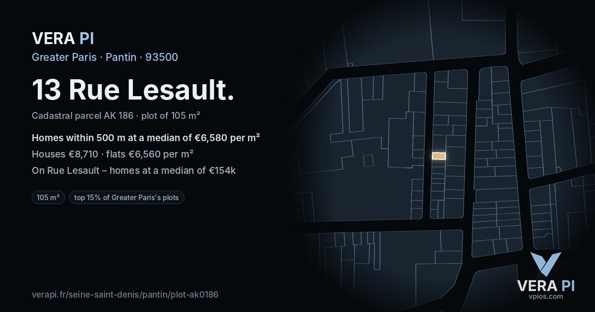 13 Rue Lesault, Pantin at night – the plot lit, the parcels around coloured by the prices near them