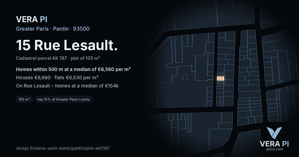 15 Rue Lesault, Pantin at night – the plot lit, the parcels around coloured by the prices near them