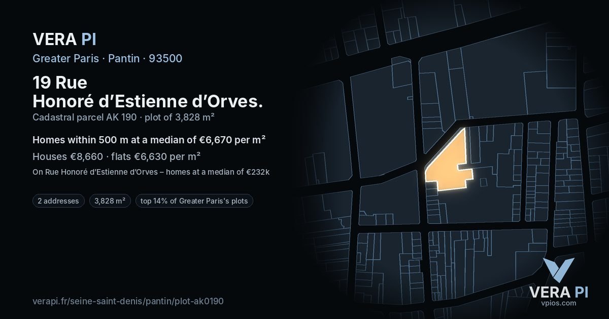 19 Rue Honoré d’Estienne d’Orves, Pantin at night – the plot lit, the parcels around coloured by the prices near them