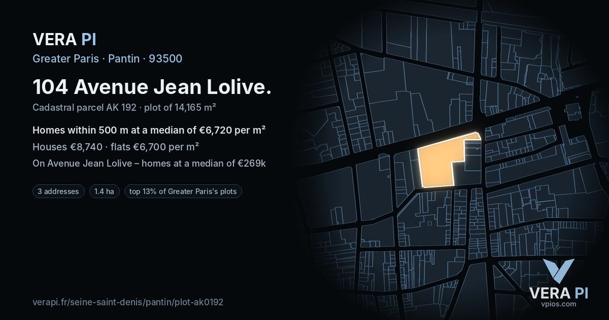 104 Avenue Jean Lolive, Pantin at night – the plot lit, the parcels around coloured by the prices near them