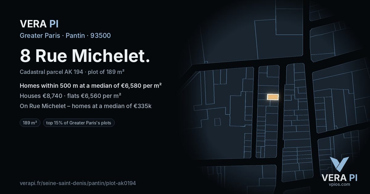 8 Rue Michelet, Pantin at night – the plot lit, the parcels around coloured by the prices near them
