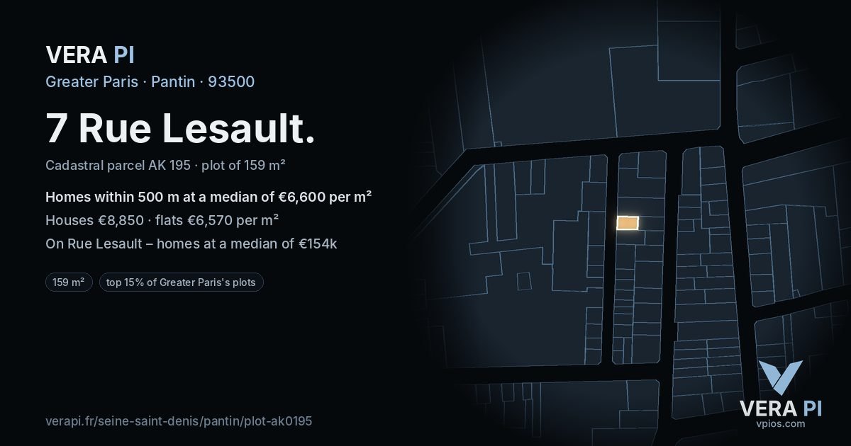 7 Rue Lesault, Pantin at night – the plot lit, the parcels around coloured by the prices near them