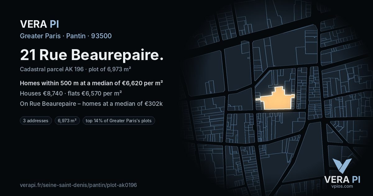 21 Rue Beaurepaire, Pantin at night – the plot lit, the parcels around coloured by the prices near them