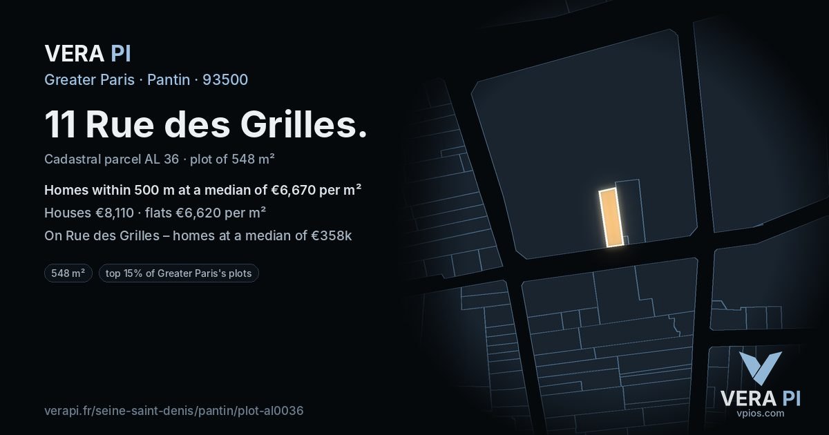 11 Rue des Grilles, Pantin at night – the plot lit, the parcels around coloured by the prices near them