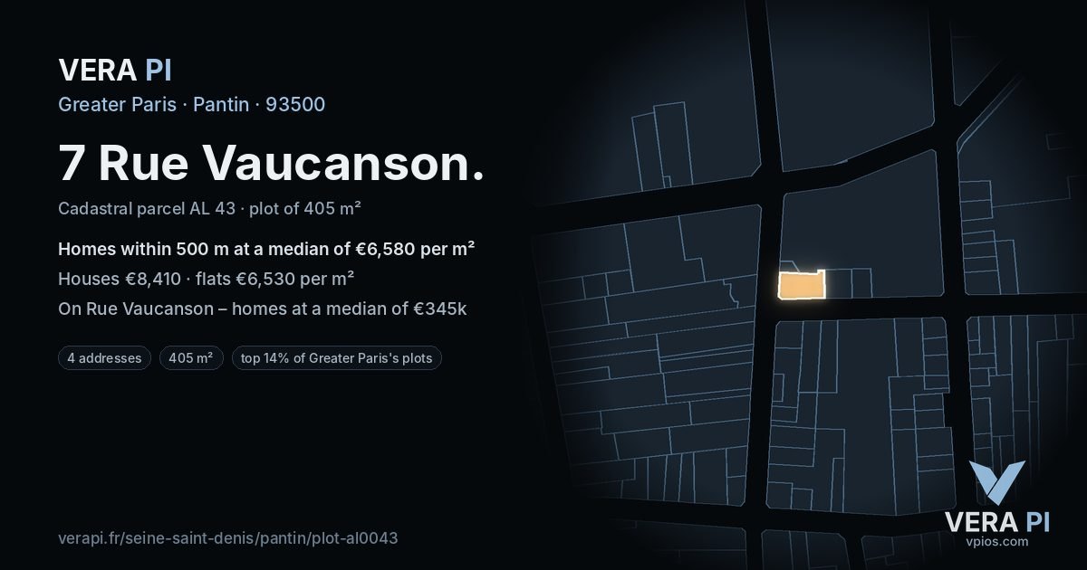 7 Rue Vaucanson, Pantin at night – the plot lit, the parcels around coloured by the prices near them