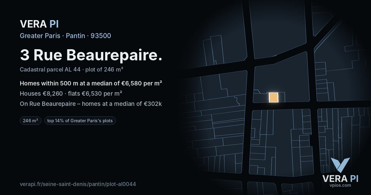 3 Rue Beaurepaire, Pantin at night – the plot lit, the parcels around coloured by the prices near them