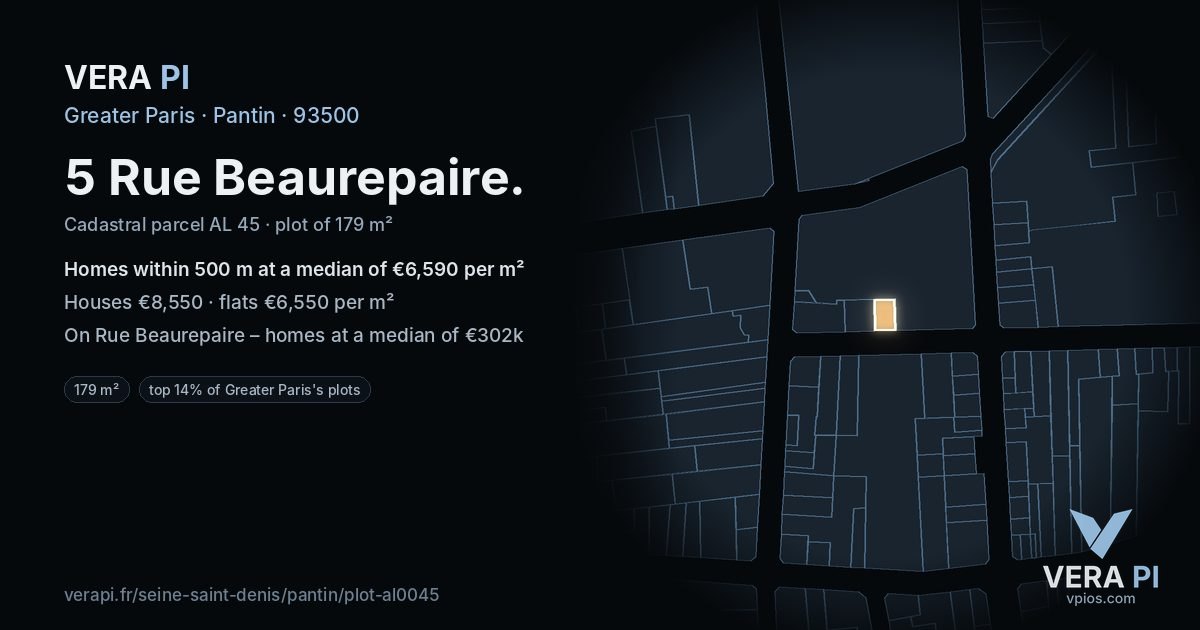 5 Rue Beaurepaire, Pantin at night – the plot lit, the parcels around coloured by the prices near them