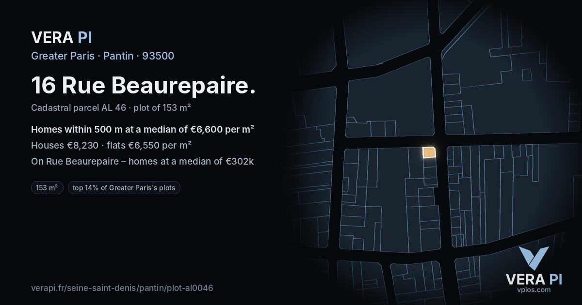 16 Rue Beaurepaire, Pantin at night – the plot lit, the parcels around coloured by the prices near them