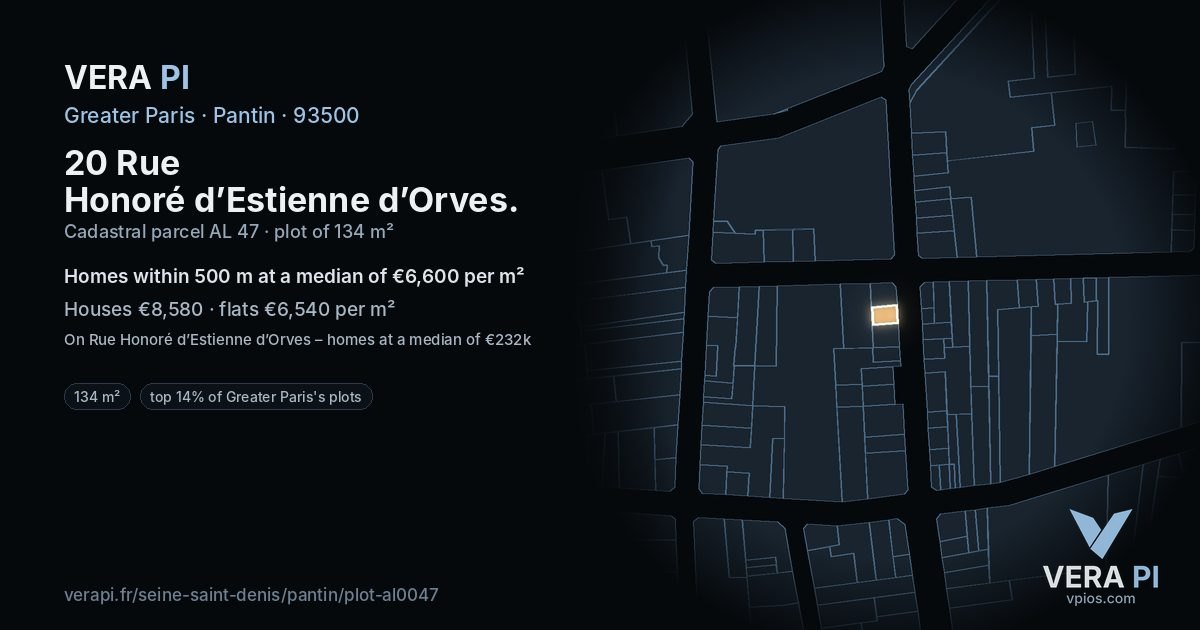 20 Rue Honoré d’Estienne d’Orves, Pantin at night – the plot lit, the parcels around coloured by the prices near them