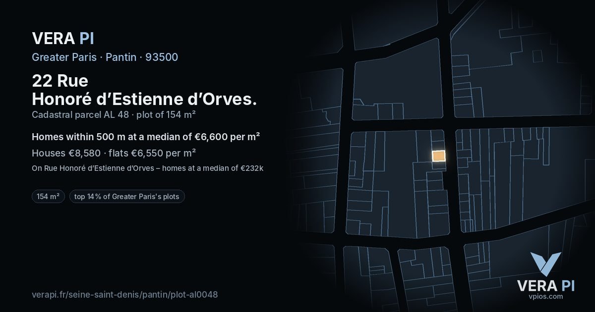 22 Rue Honoré d’Estienne d’Orves, Pantin at night – the plot lit, the parcels around coloured by the prices near them
