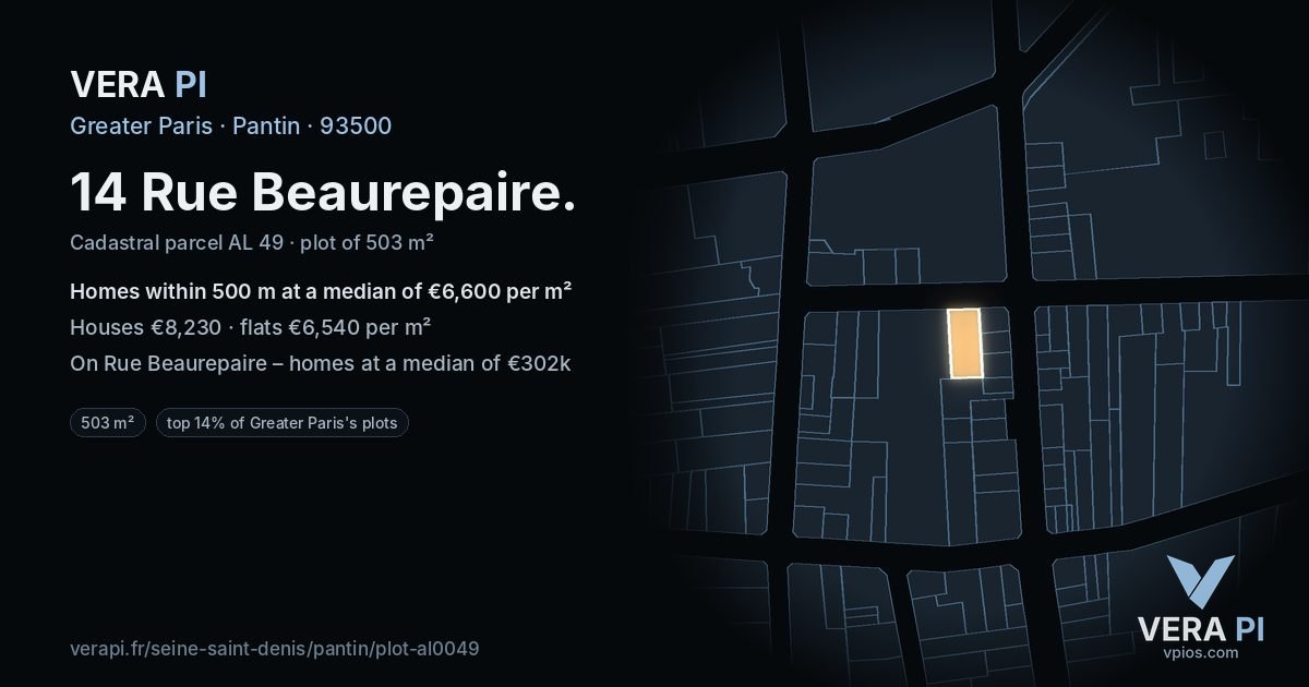 14 Rue Beaurepaire, Pantin at night – the plot lit, the parcels around coloured by the prices near them