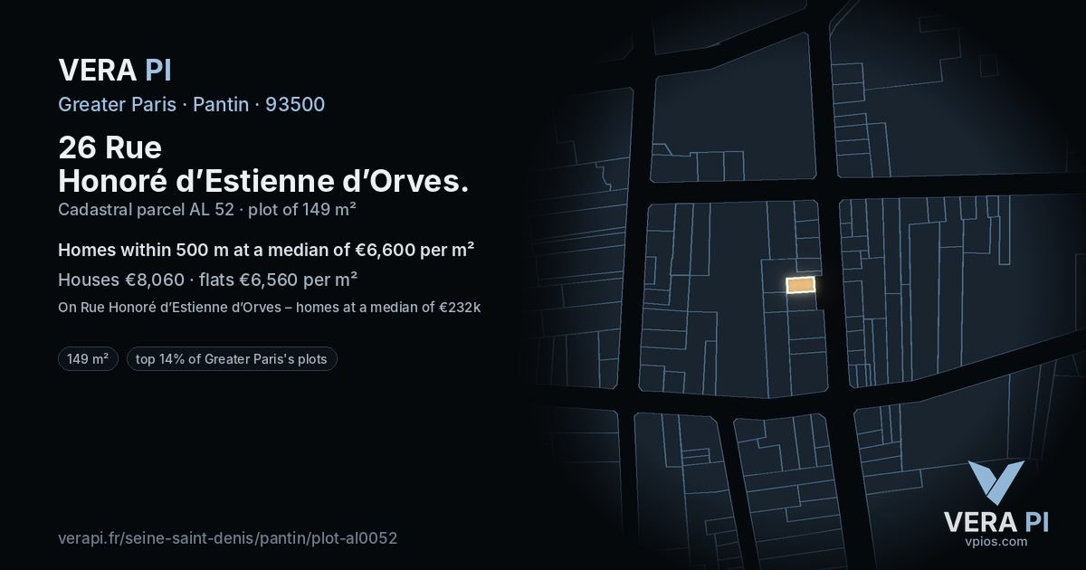 26 Rue Honoré d’Estienne d’Orves, Pantin at night – the plot lit, the parcels around coloured by the prices near them