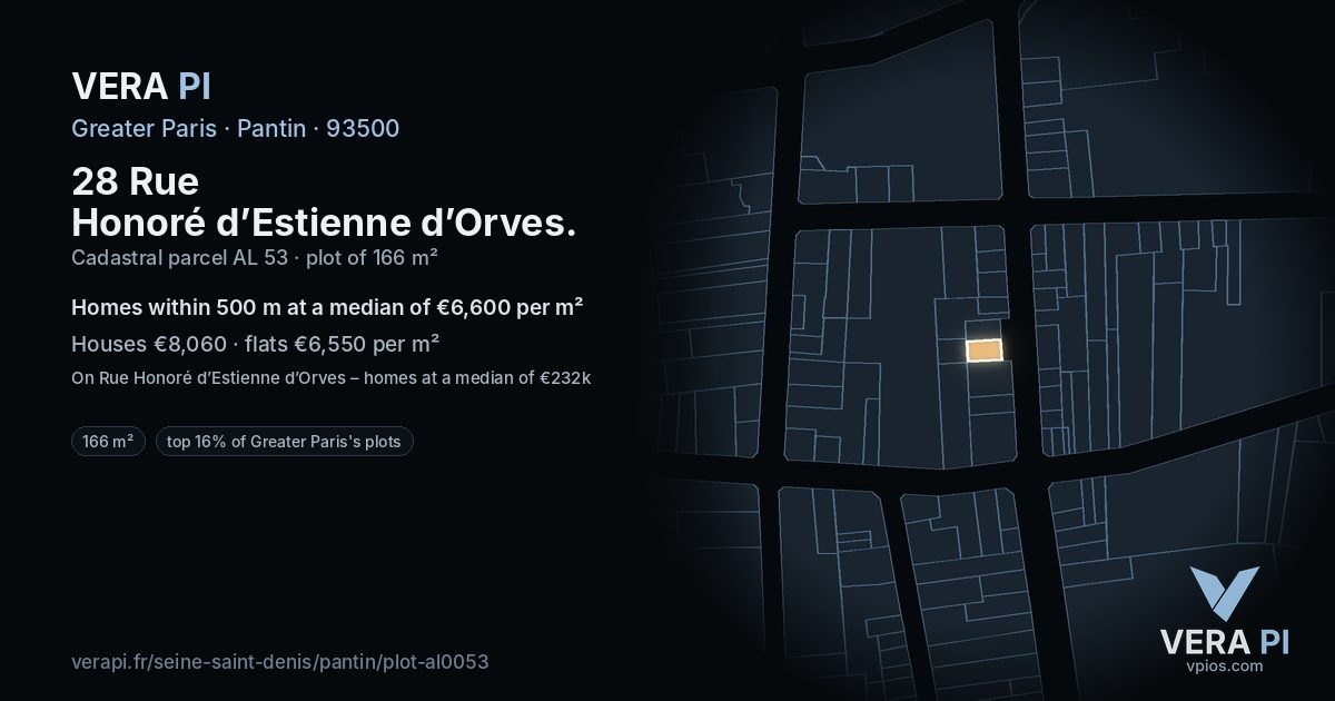 28 Rue Honoré d’Estienne d’Orves, Pantin at night – the plot lit, the parcels around coloured by the prices near them