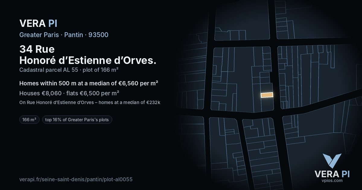 34 Rue Honoré d’Estienne d’Orves, Pantin at night – the plot lit, the parcels around coloured by the prices near them