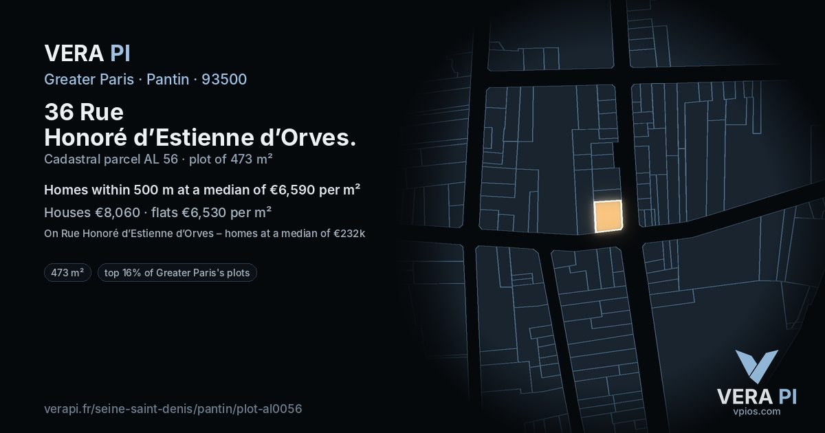 36 Rue Honoré d’Estienne d’Orves, Pantin at night – the plot lit, the parcels around coloured by the prices near them