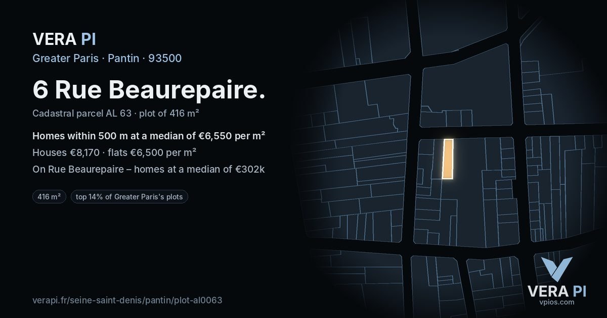 6 Rue Beaurepaire, Pantin at night – the plot lit, the parcels around coloured by the prices near them