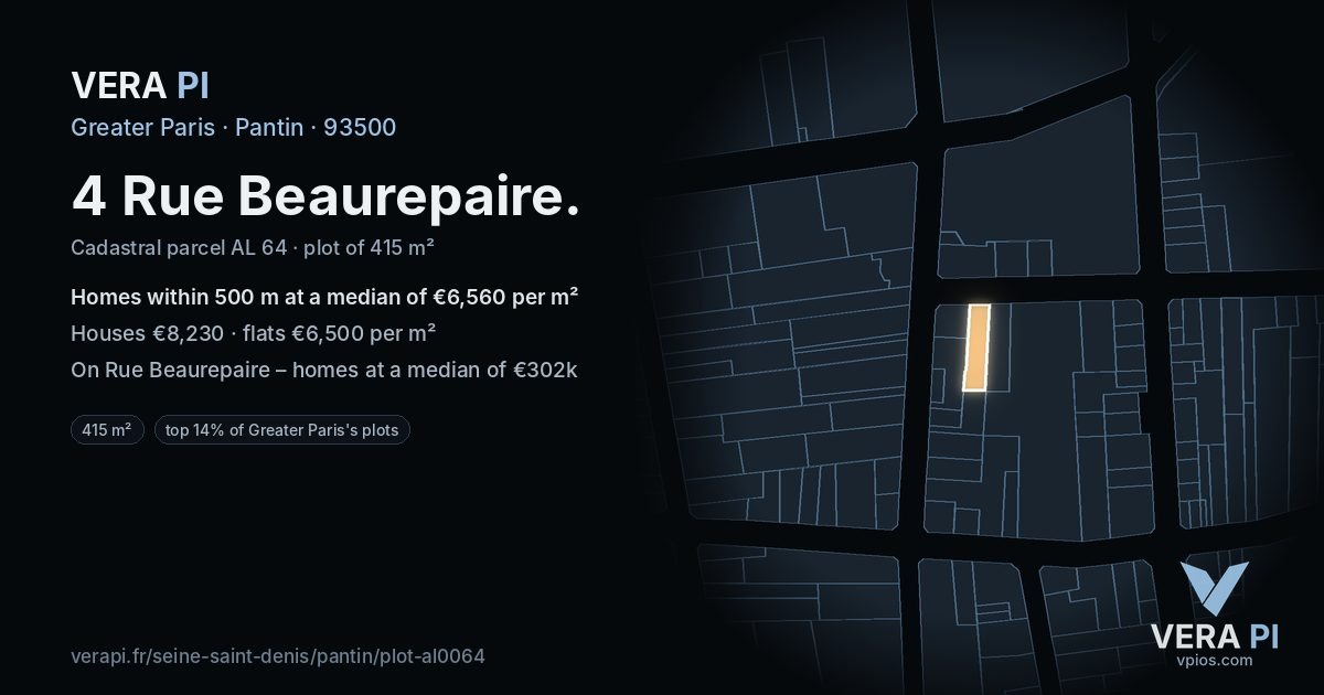 4 Rue Beaurepaire, Pantin at night – the plot lit, the parcels around coloured by the prices near them