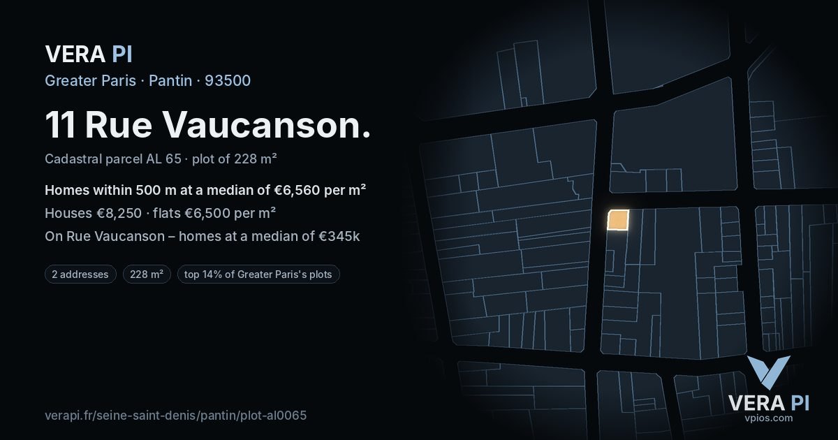 11 Rue Vaucanson, Pantin at night – the plot lit, the parcels around coloured by the prices near them