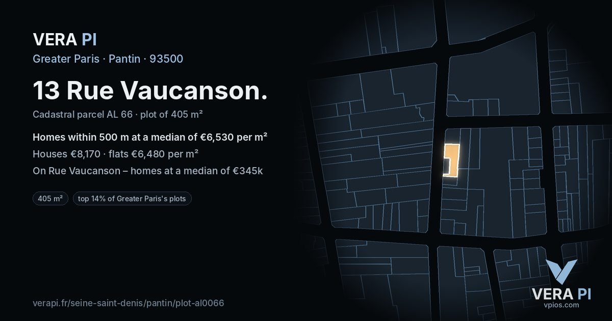 13 Rue Vaucanson, Pantin at night – the plot lit, the parcels around coloured by the prices near them