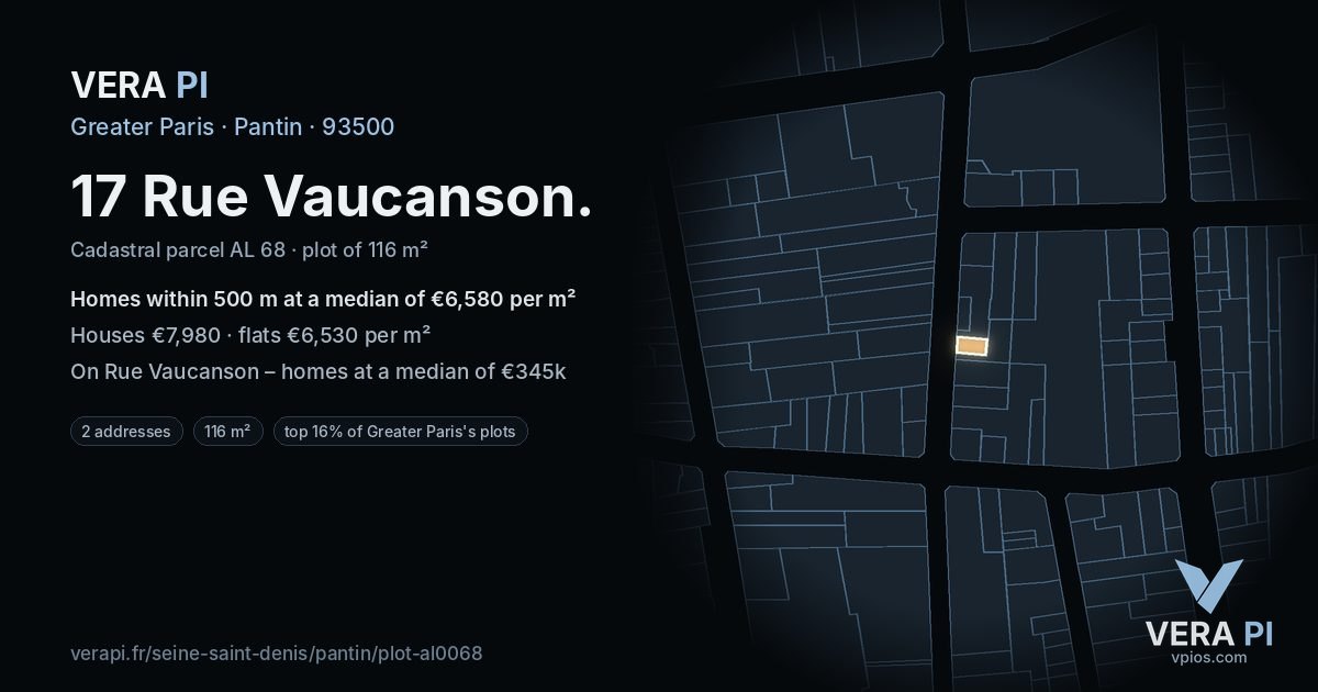 17 Rue Vaucanson, Pantin at night – the plot lit, the parcels around coloured by the prices near them
