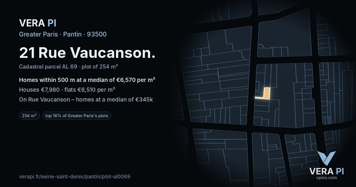 21 Rue Vaucanson, Pantin at night – the plot lit, the parcels around coloured by the prices near them