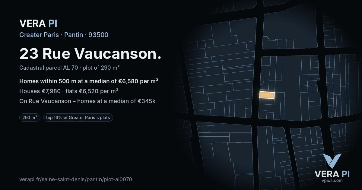 23 Rue Vaucanson, Pantin at night – the plot lit, the parcels around coloured by the prices near them