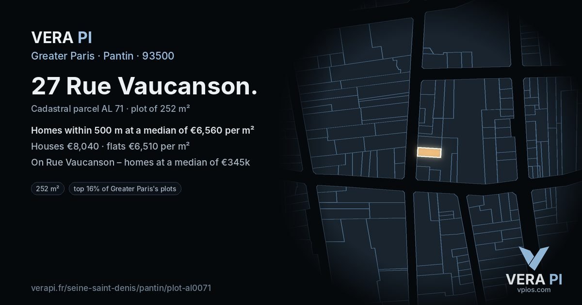 27 Rue Vaucanson, Pantin at night – the plot lit, the parcels around coloured by the prices near them
