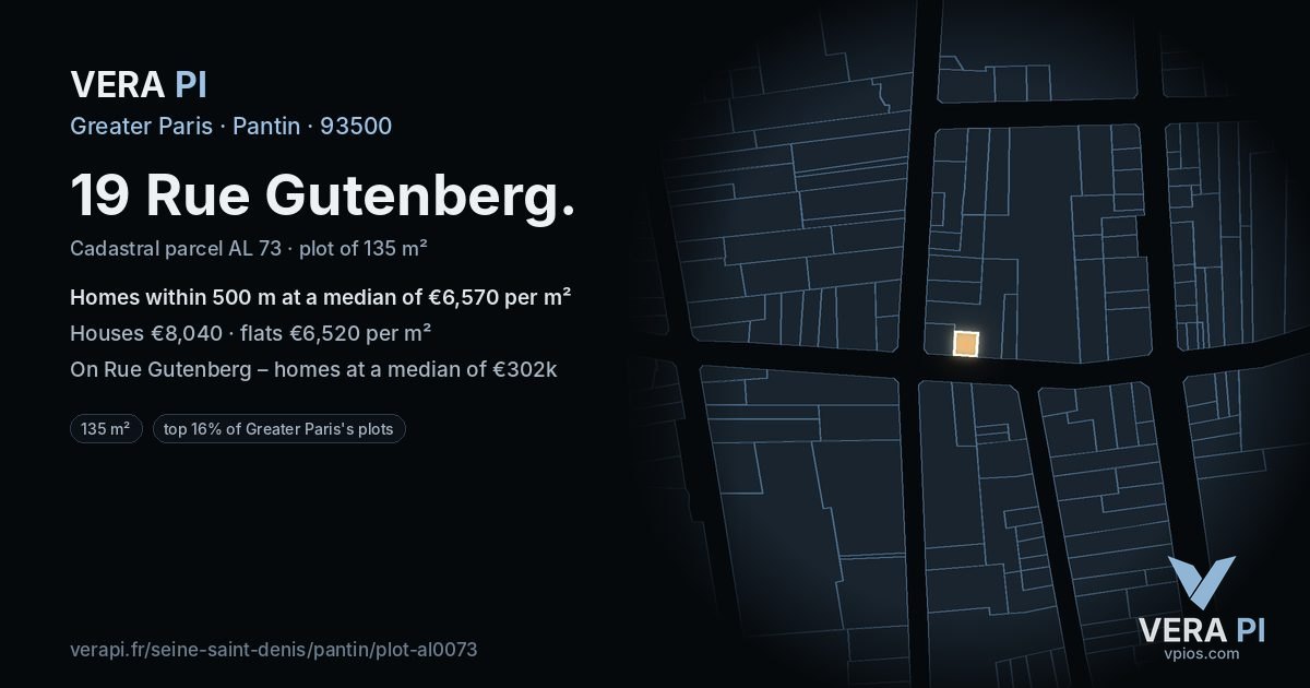 19 Rue Gutenberg, Pantin at night – the plot lit, the parcels around coloured by the prices near them
