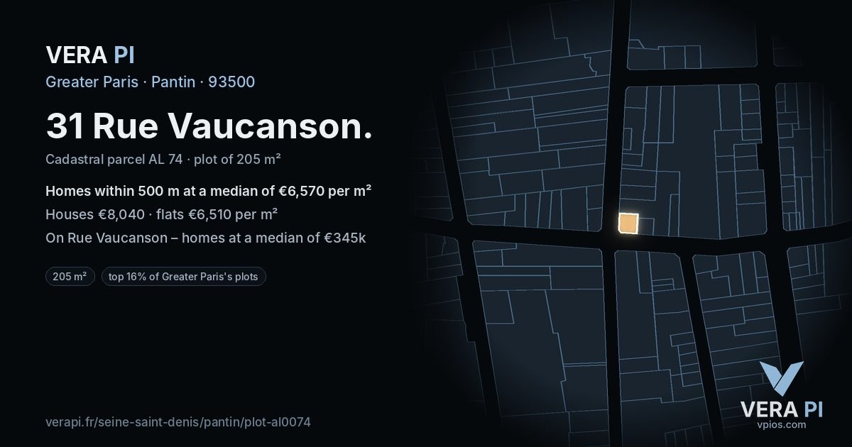 31 Rue Vaucanson, Pantin at night – the plot lit, the parcels around coloured by the prices near them