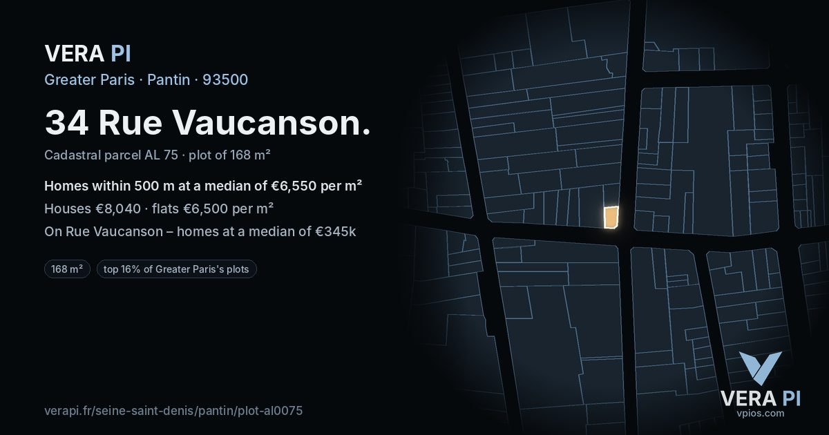34 Rue Vaucanson, Pantin at night – the plot lit, the parcels around coloured by the prices near them
