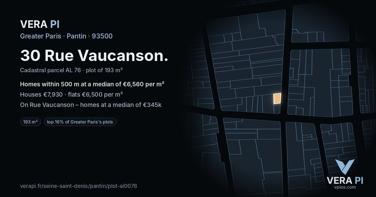 30 Rue Vaucanson, Pantin at night – the plot lit, the parcels around coloured by the prices near them