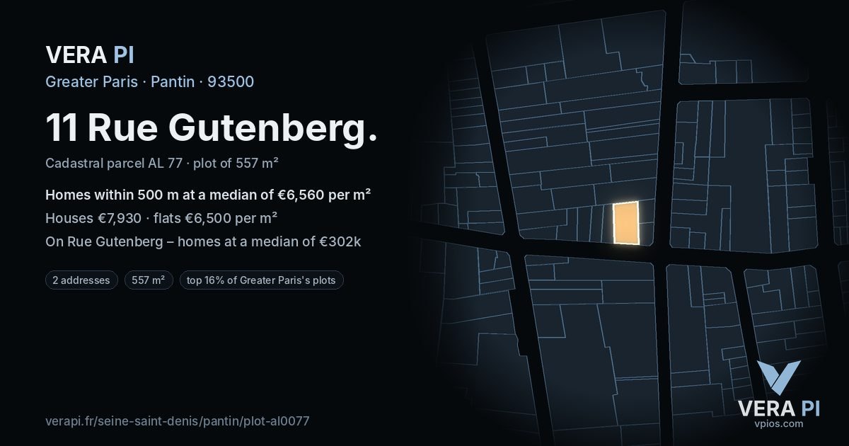 11 Rue Gutenberg, Pantin at night – the plot lit, the parcels around coloured by the prices near them