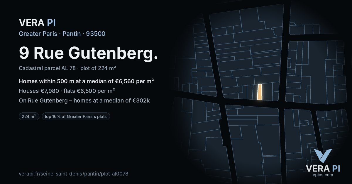 9 Rue Gutenberg, Pantin at night – the plot lit, the parcels around coloured by the prices near them