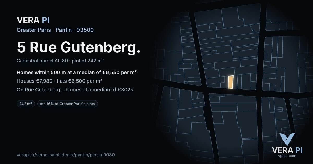 5 Rue Gutenberg, Pantin at night – the plot lit, the parcels around coloured by the prices near them