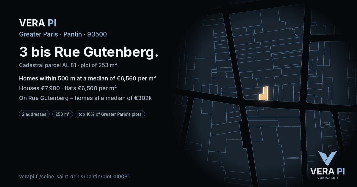 3 bis Rue Gutenberg, Pantin at night – the plot lit, the parcels around coloured by the prices near them