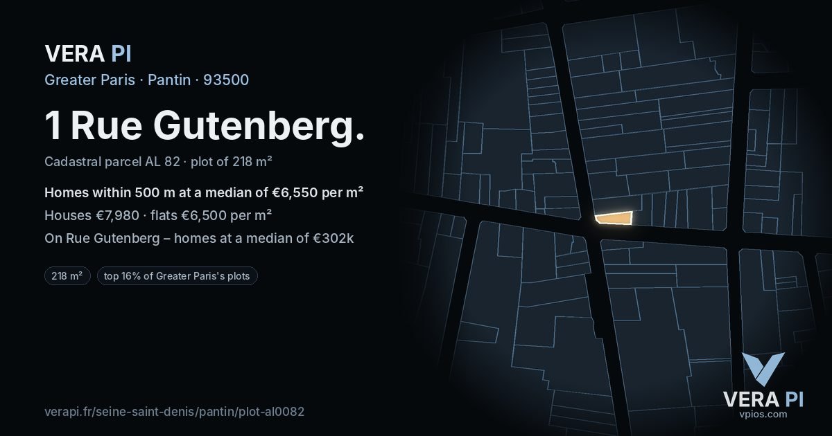 1 Rue Gutenberg, Pantin at night – the plot lit, the parcels around coloured by the prices near them
