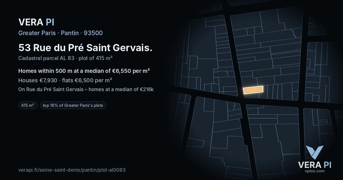 53 Rue du Pré Saint Gervais, Pantin at night – the plot lit, the parcels around coloured by the prices near them