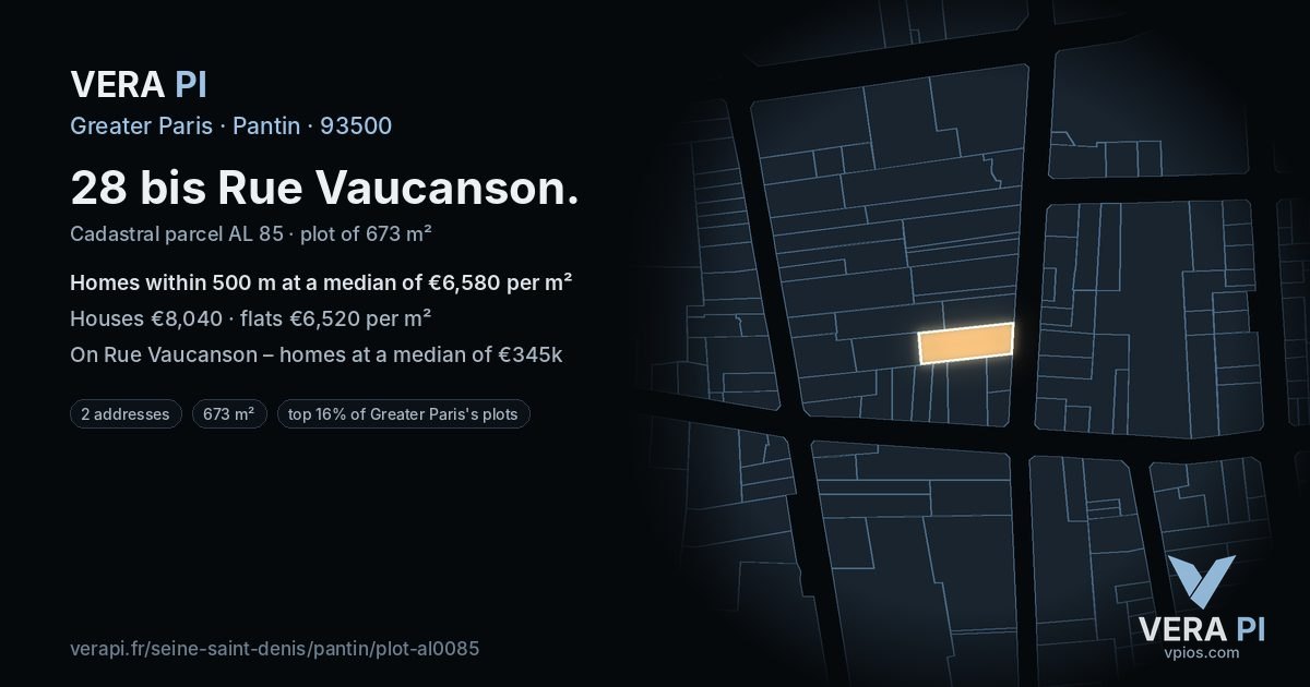 28 bis Rue Vaucanson, Pantin at night – the plot lit, the parcels around coloured by the prices near them