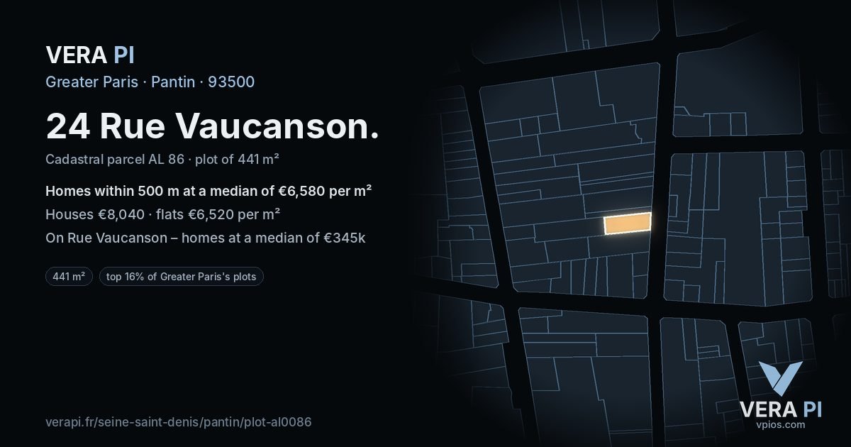 24 Rue Vaucanson, Pantin at night – the plot lit, the parcels around coloured by the prices near them
