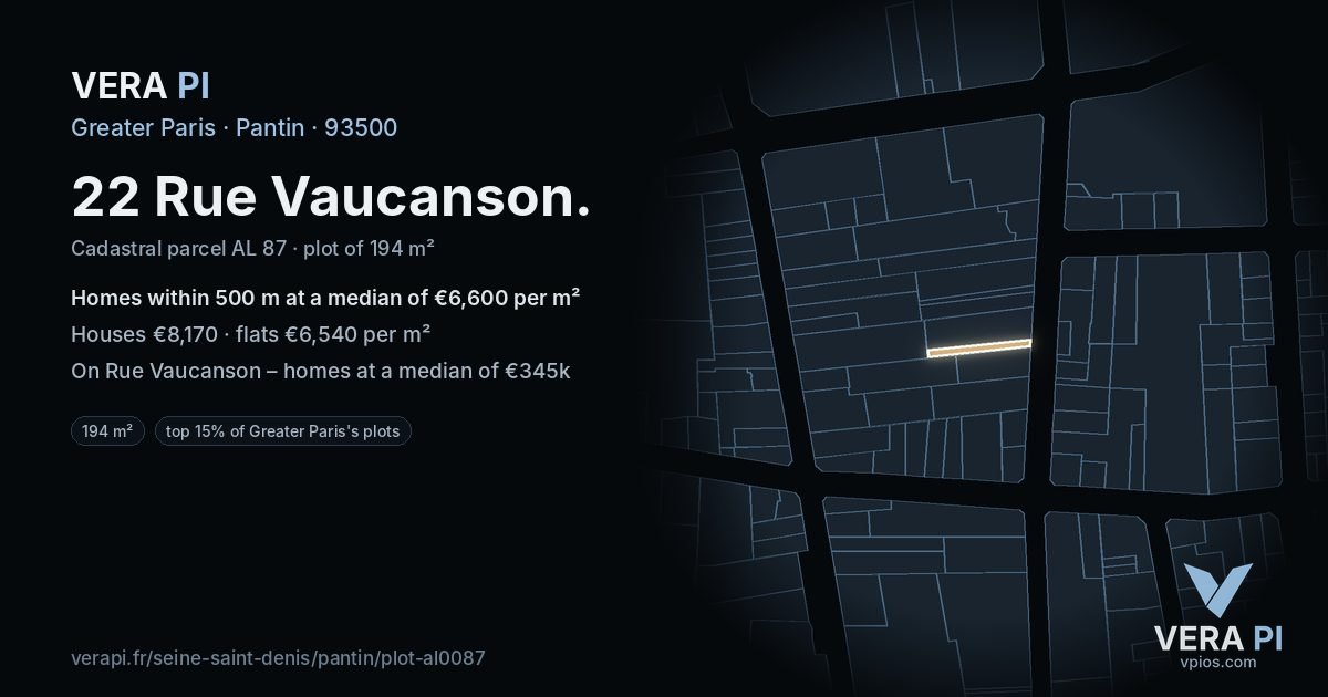 22 Rue Vaucanson, Pantin at night – the plot lit, the parcels around coloured by the prices near them