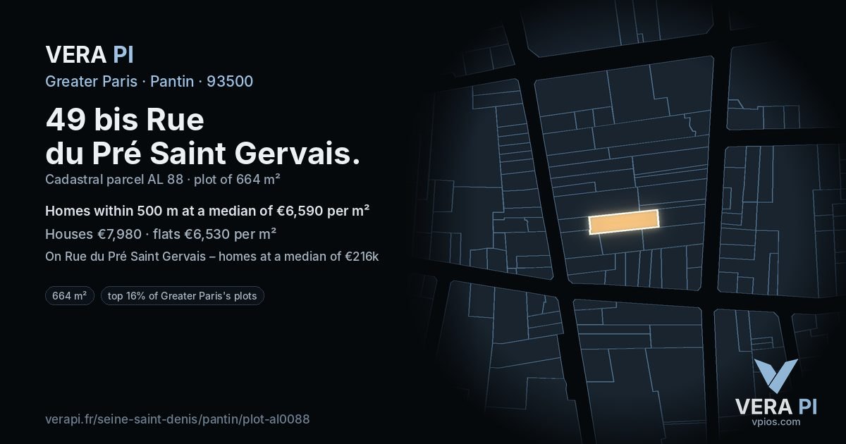 49 bis Rue du Pré Saint Gervais, Pantin at night – the plot lit, the parcels around coloured by the prices near them
