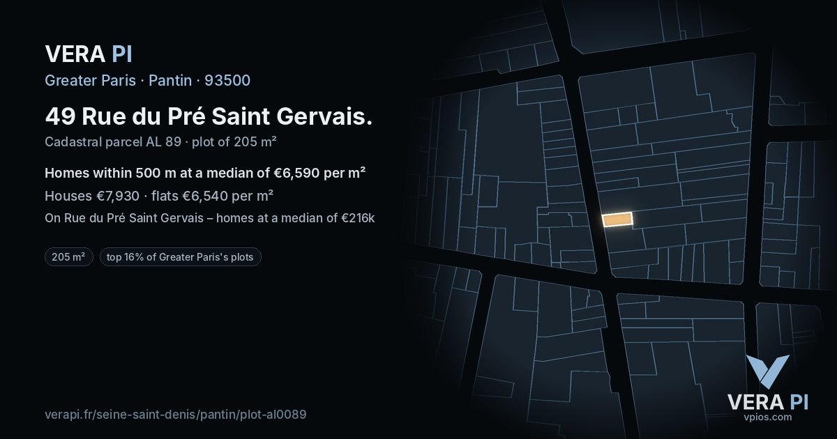 49 Rue du Pré Saint Gervais, Pantin at night – the plot lit, the parcels around coloured by the prices near them