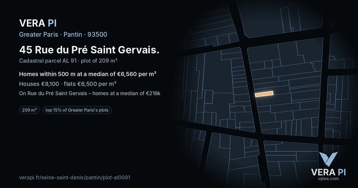 45 Rue du Pré Saint Gervais, Pantin at night – the plot lit, the parcels around coloured by the prices near them