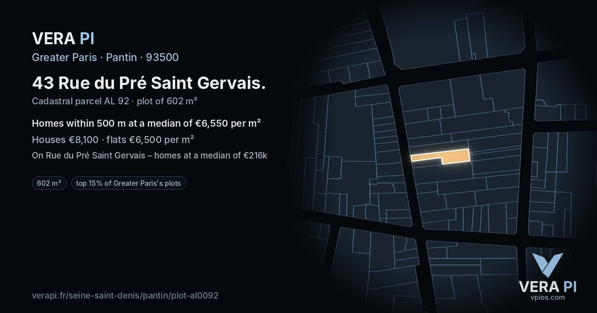 43 Rue du Pré Saint Gervais, Pantin at night – the plot lit, the parcels around coloured by the prices near them