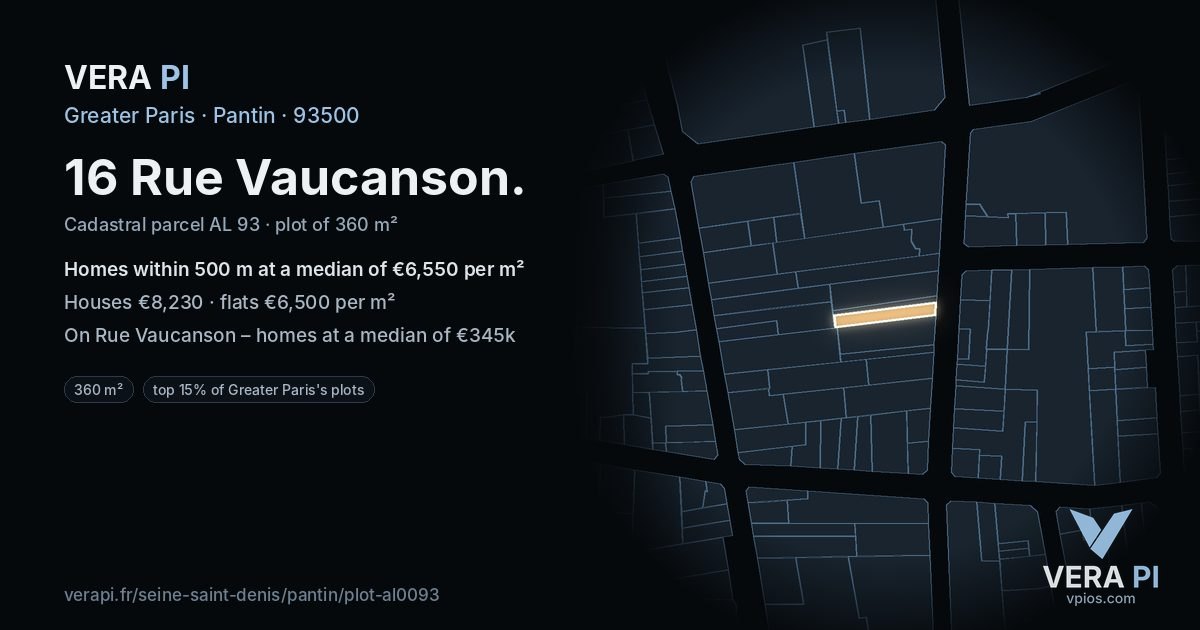 16 Rue Vaucanson, Pantin at night – the plot lit, the parcels around coloured by the prices near them