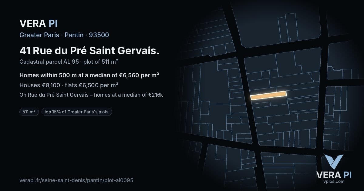 41 Rue du Pré Saint Gervais, Pantin at night – the plot lit, the parcels around coloured by the prices near them